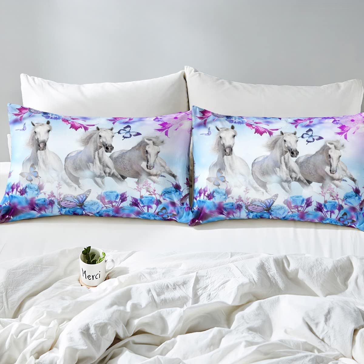 Juego de edredón de caballo blanco, tamaño Queen, juego de ropa de cama de 3 piezas con diseño de mariposa y rosas para decoración de habitación de