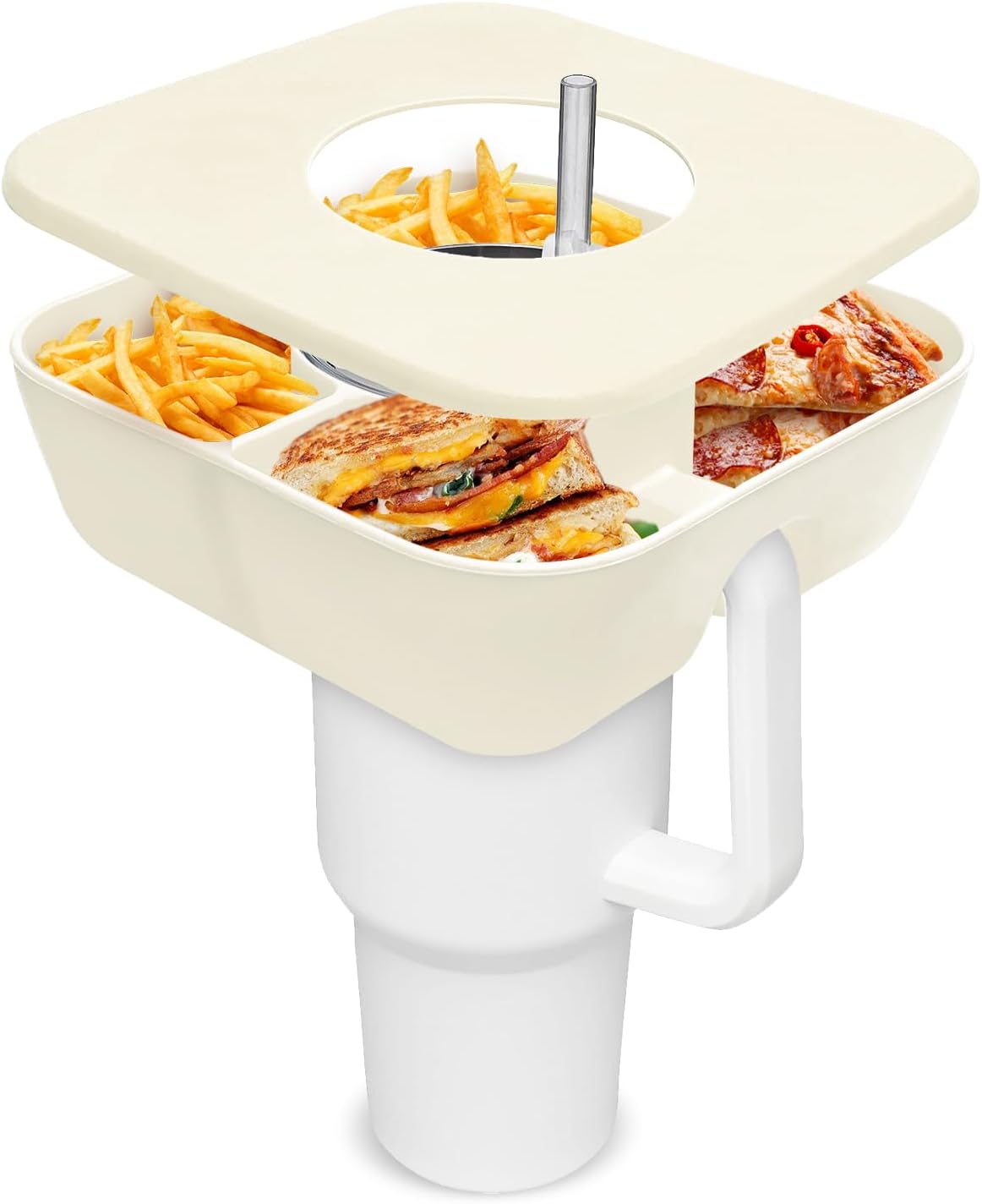 Bandeja de aperitivos con tapa para accesorios de taza Stanley, cuenco reutilizable para aperitivos Stanley de 40 onzas con asa, soporte de silicona