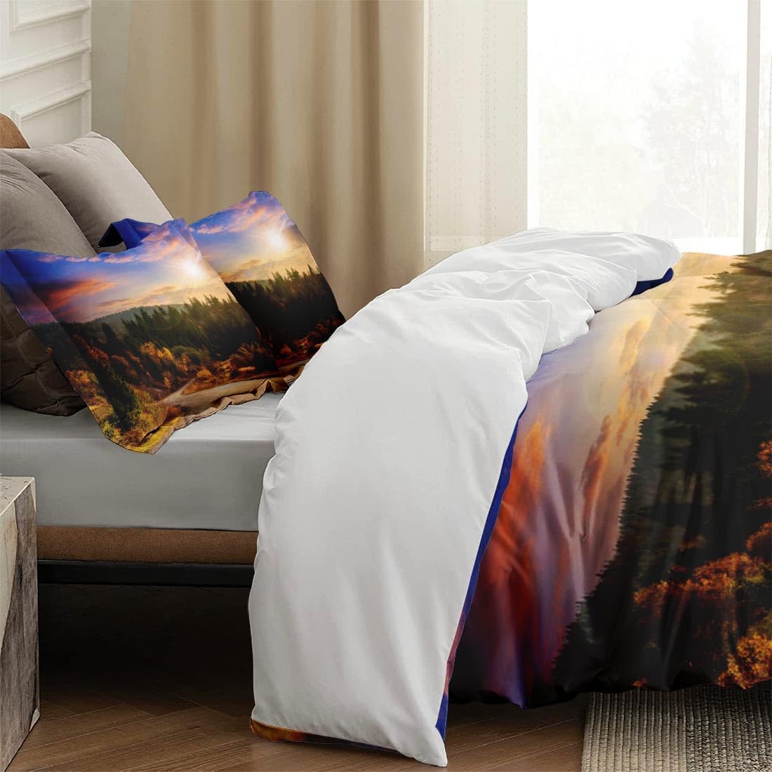 Juego de funda de edredón, juego de ropa de cama verde montaña otoñal para decoración de dormitorio de niños y adultos, juego de funda de edredón de