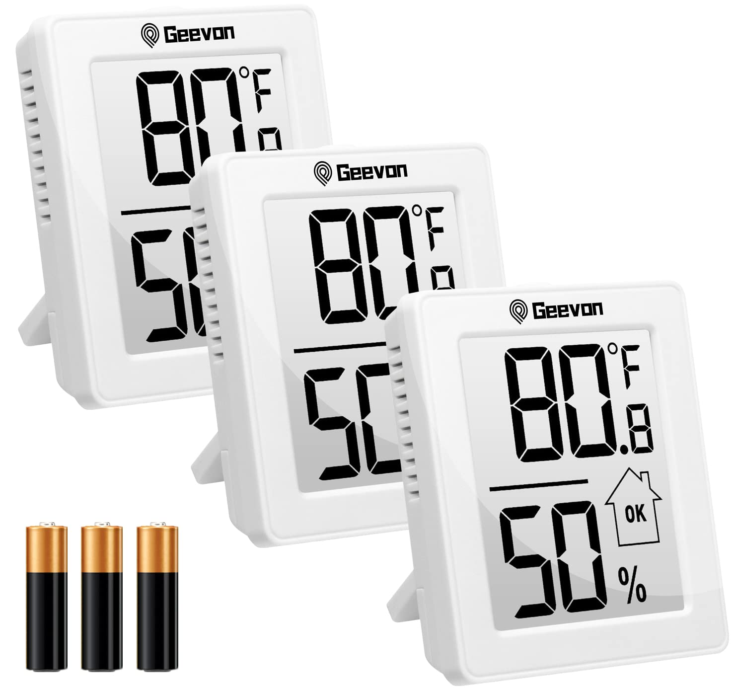Geevon Termómetro interior monitor de temperatura ambiente, paquete de 3 medidores de temperatura y humedad, termómetro higrómetro con batería para