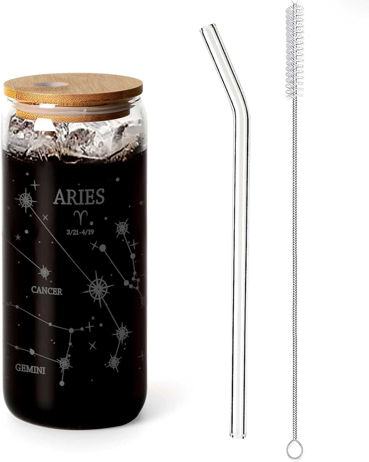 Aries – Tazas de café helado de 20 onzas  Tazas de vidrio con tapas y pajitas  Vaso de vidrio de constelación de astronomía con tapa de bambú y