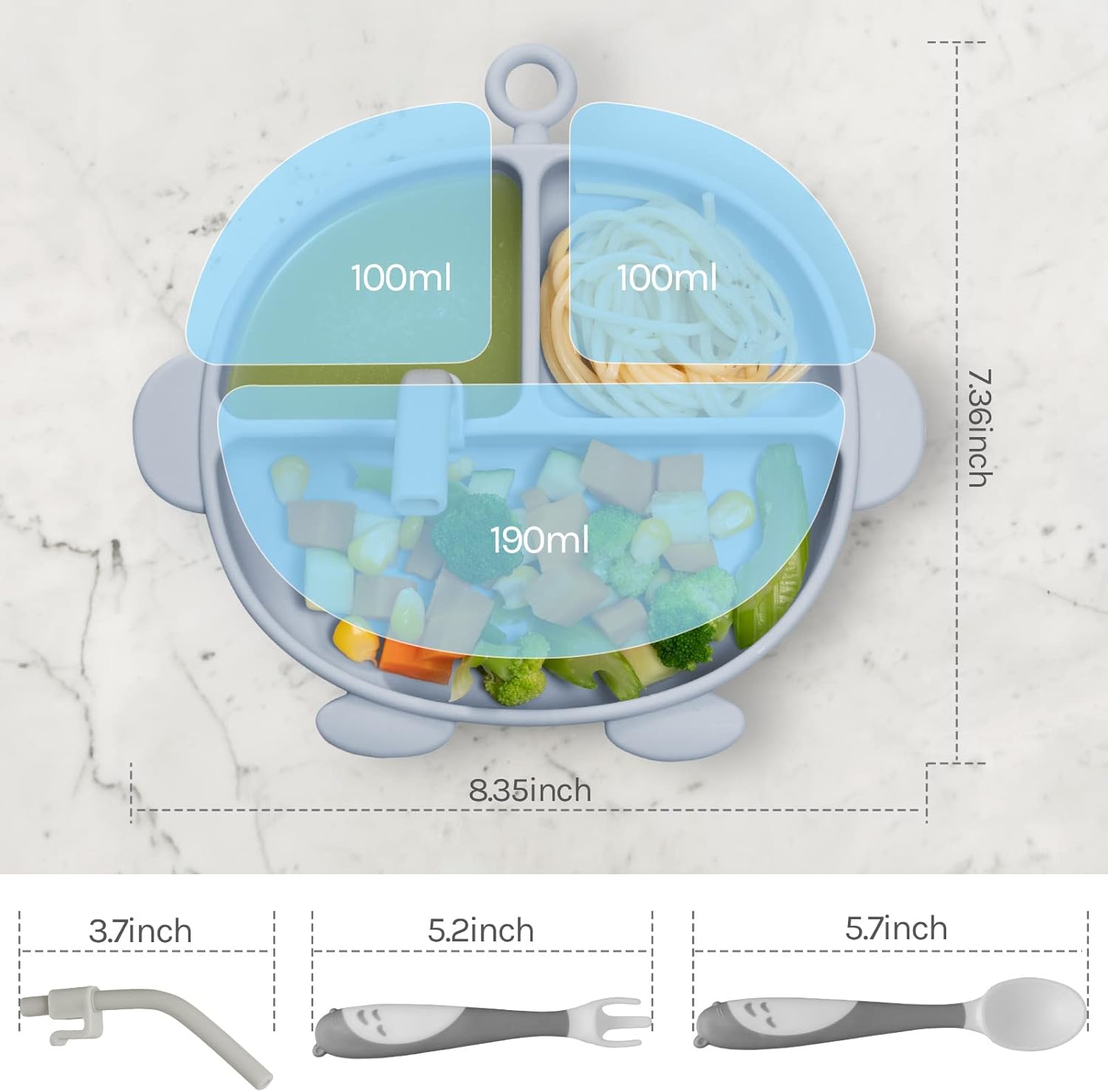 Qishare Platos de succión de silicona para bebés y niños pequeños, plato dividido con agarre de succión fuerte, juego de utensilios de