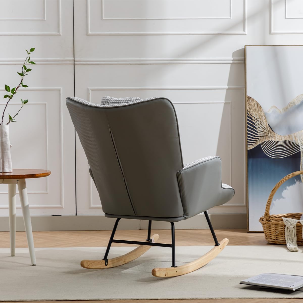 Mecedora para guardería, cómoda mecedora con respaldo de ala con pata de gallo suave y tela de cuero, silla reclinable para sala de estar,