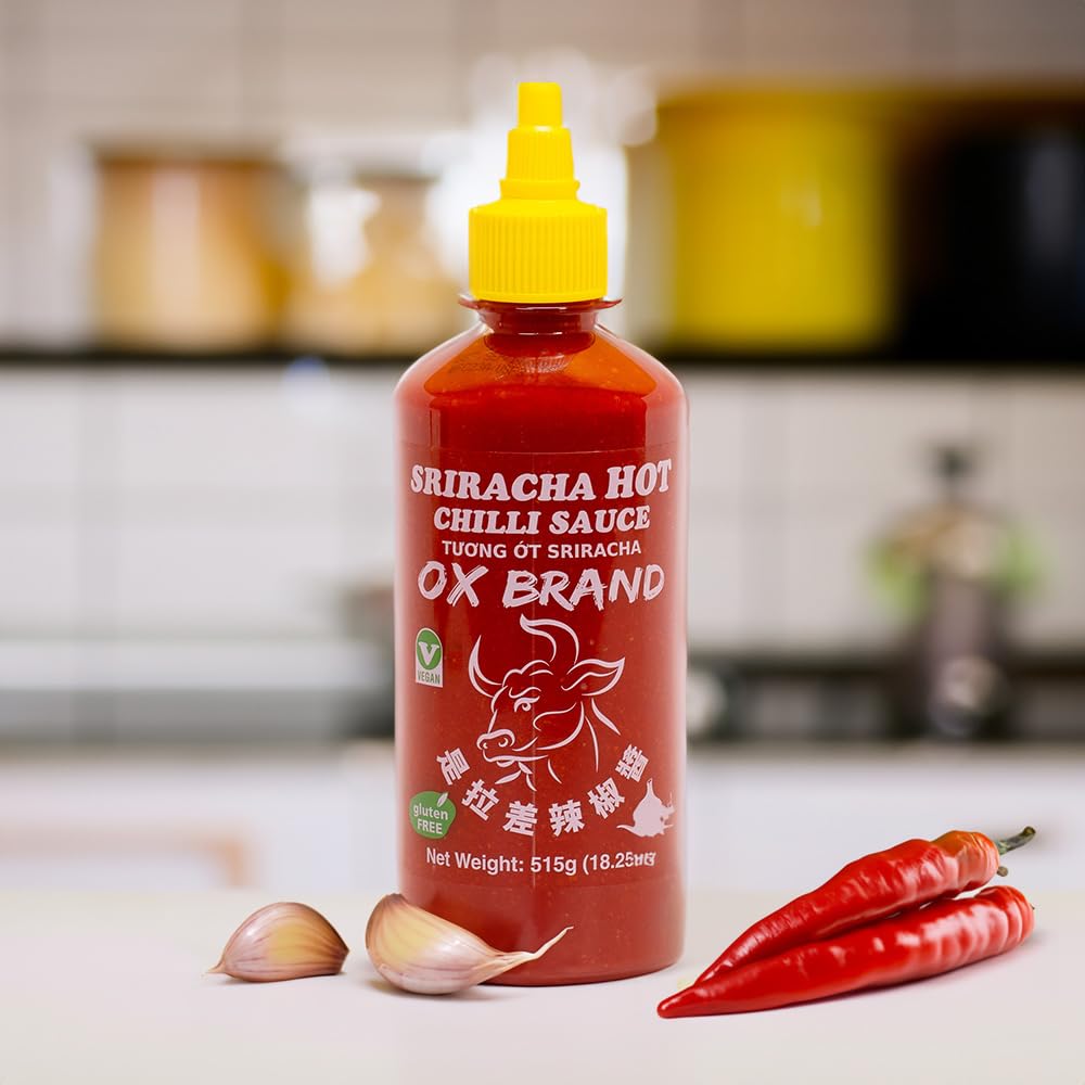 MISHIMA Salsa de chile picante Sriracha de la marca OX  Auténtico sabor tailandés  Sin gluten  Vegano  Certificado Halal  Delicia culinaria picante