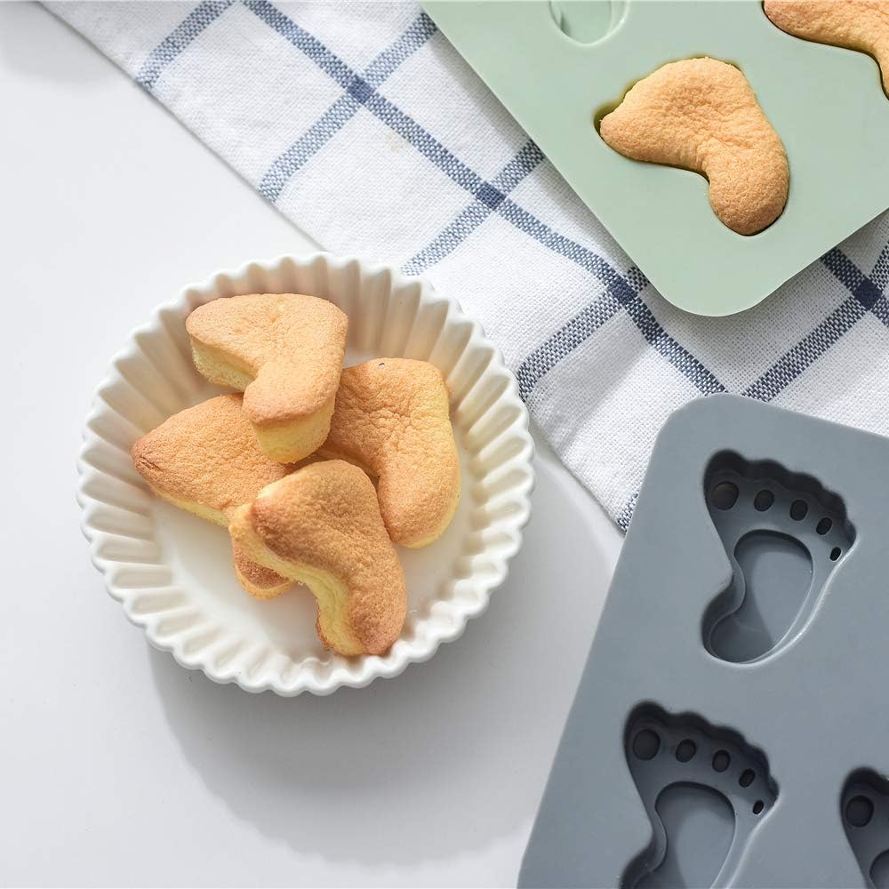 Paquete de 2 moldes de silicona con forma de pie de bebé, 6 cavidades 3D de huellas, moldes de silicona para fondant para pasteles para fiesta de