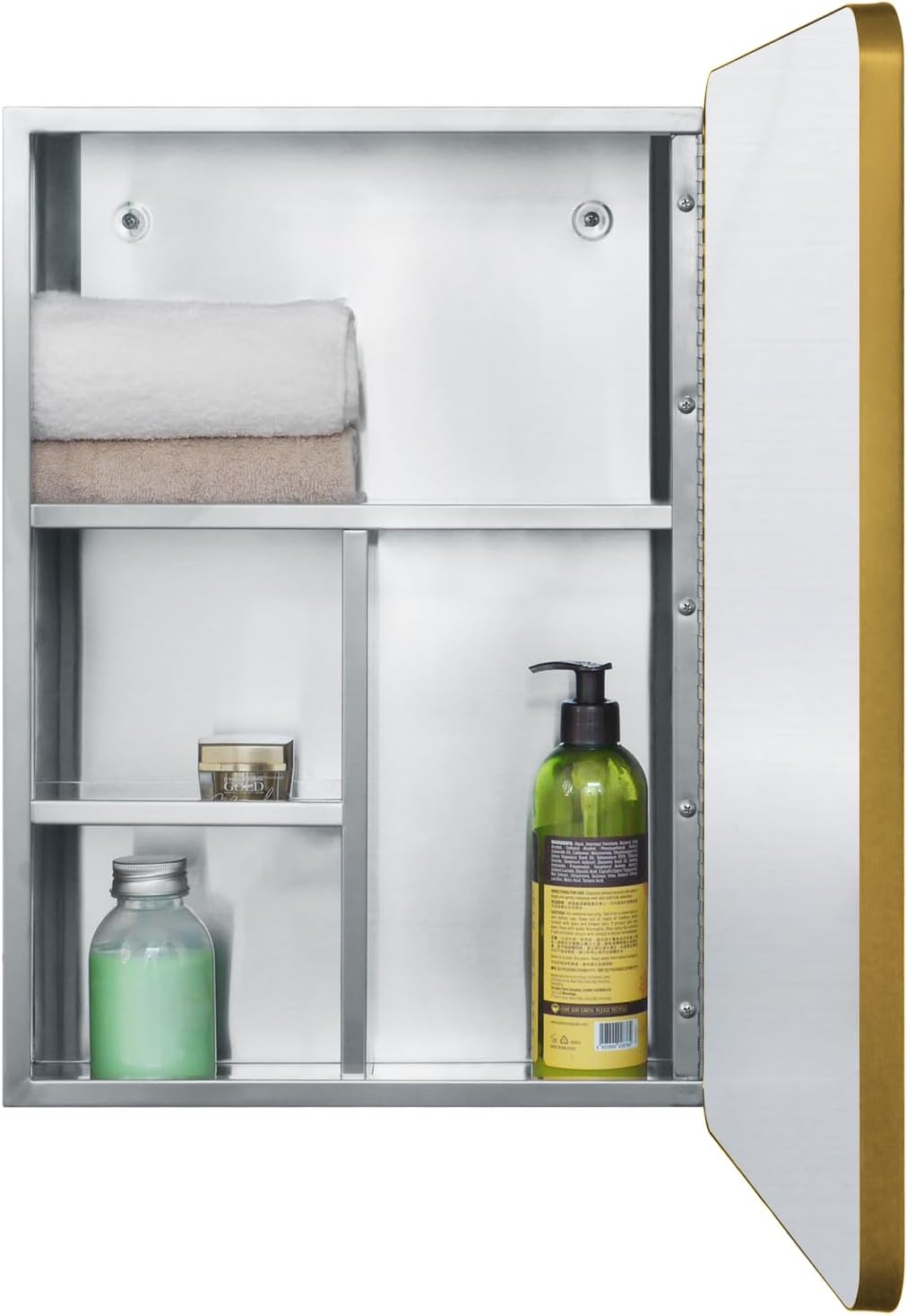 Armario de acero inoxidable con espejo de medicina para baño con puerta enmarcada dorada, múltiples estantes, 15 x 21 pulgadas