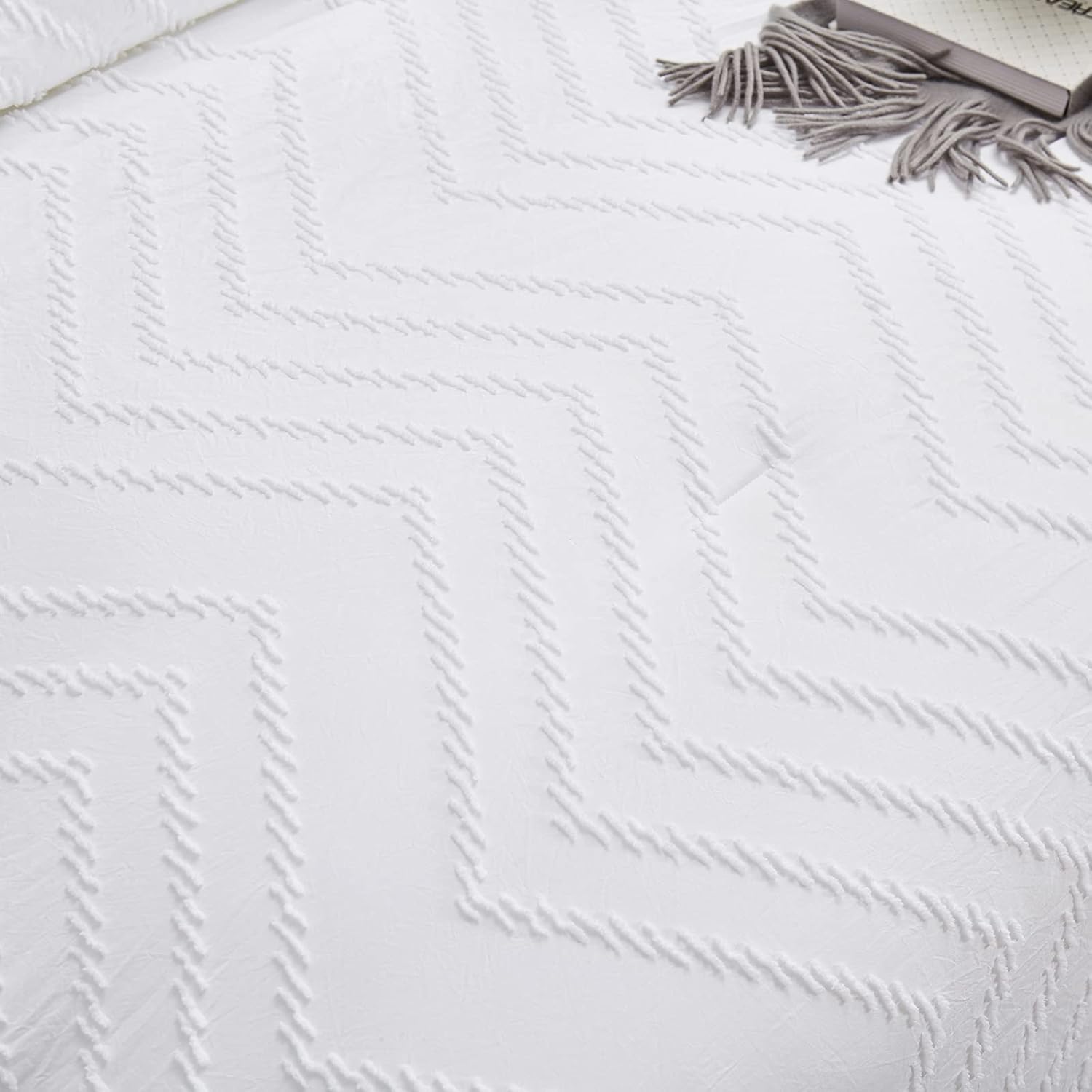 Edredón jacquard blanco tamaño Queen para mujeres y hombres, edredón bohemio de algodón para adultos y adolescentes con bordado blanco desgastado