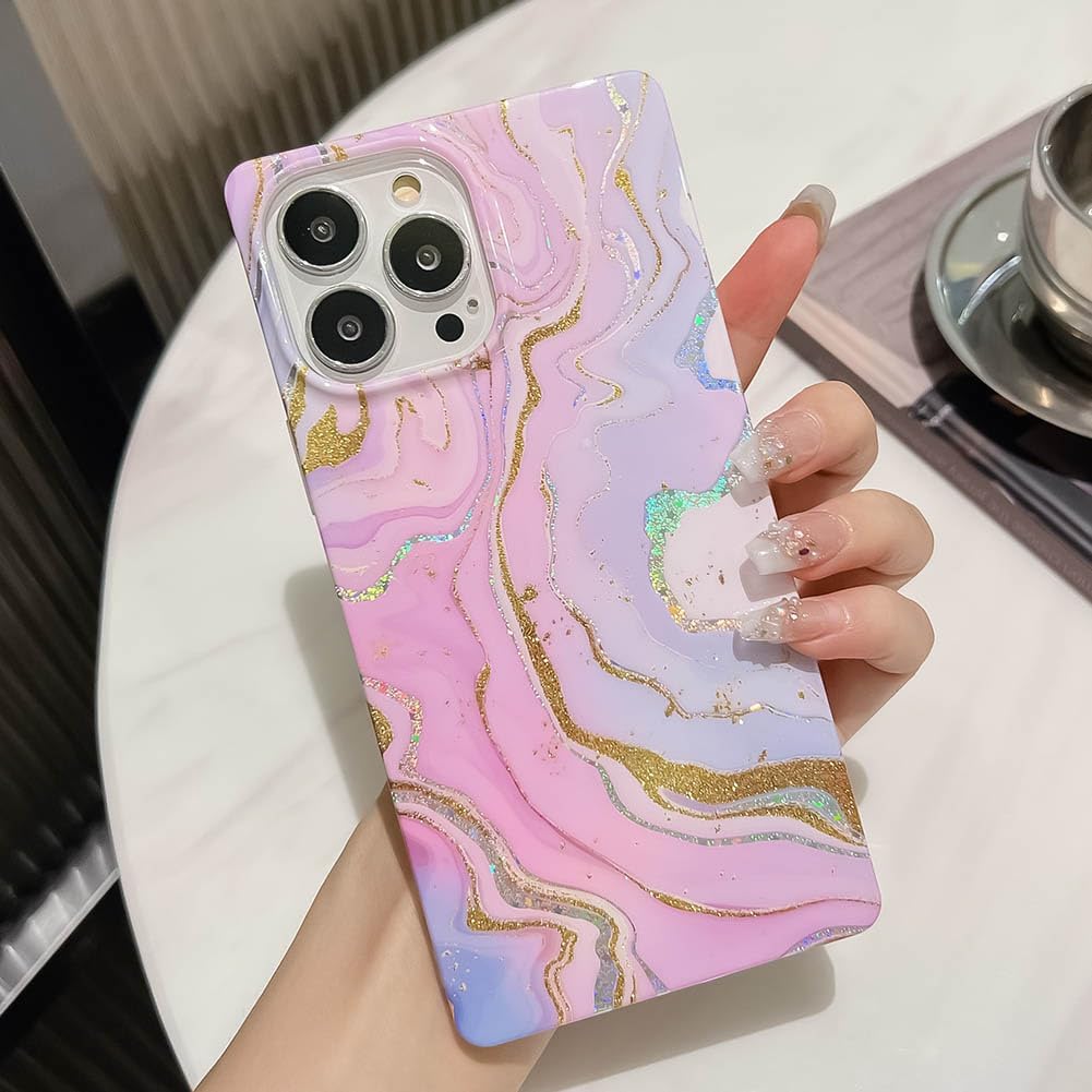 KERZZIL Funda de lujo con diseño de mármol con purpurina para iPhone 12 Pro Max, con borde cuadrado, elegante y delgado, chapado en oro, goma de