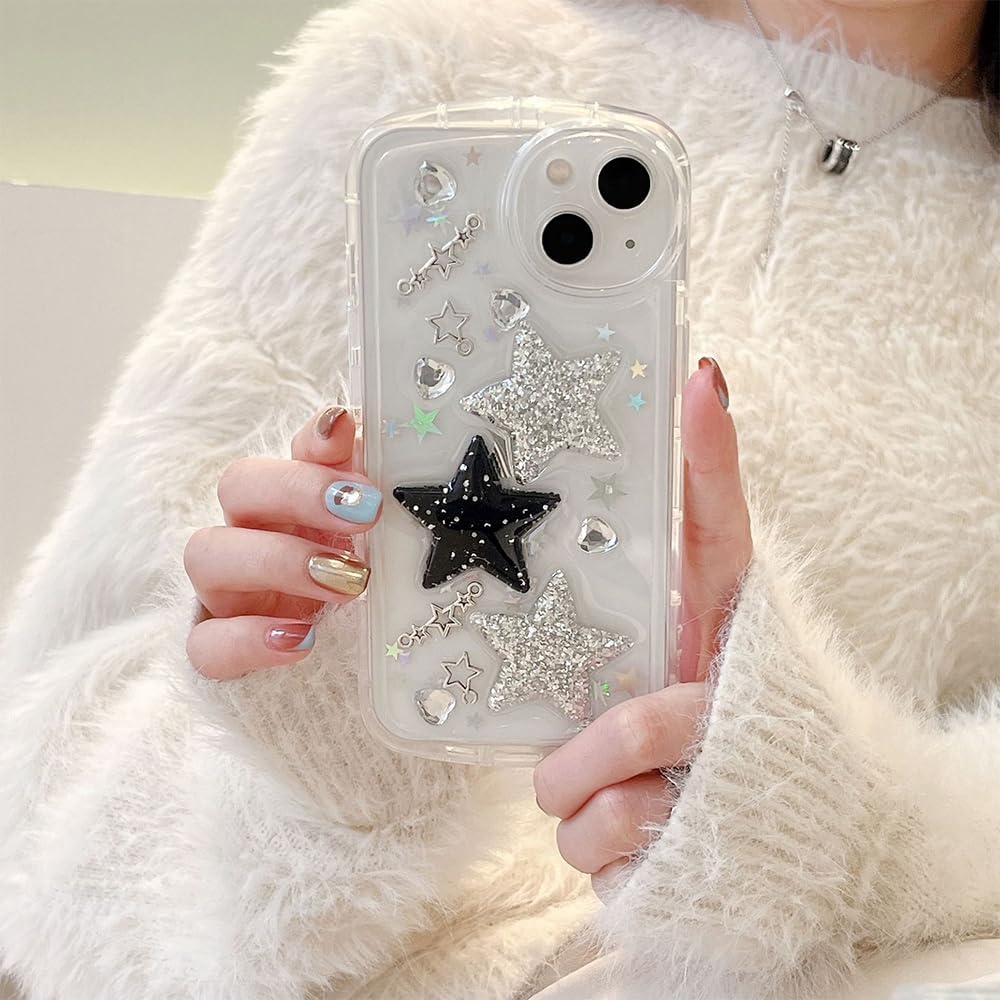 Funda para iPhone 12 con accesorios de cadena de dijes para teléfono, bonita funda 3D brillante con estrellas brillantes y diamantes de imitación
