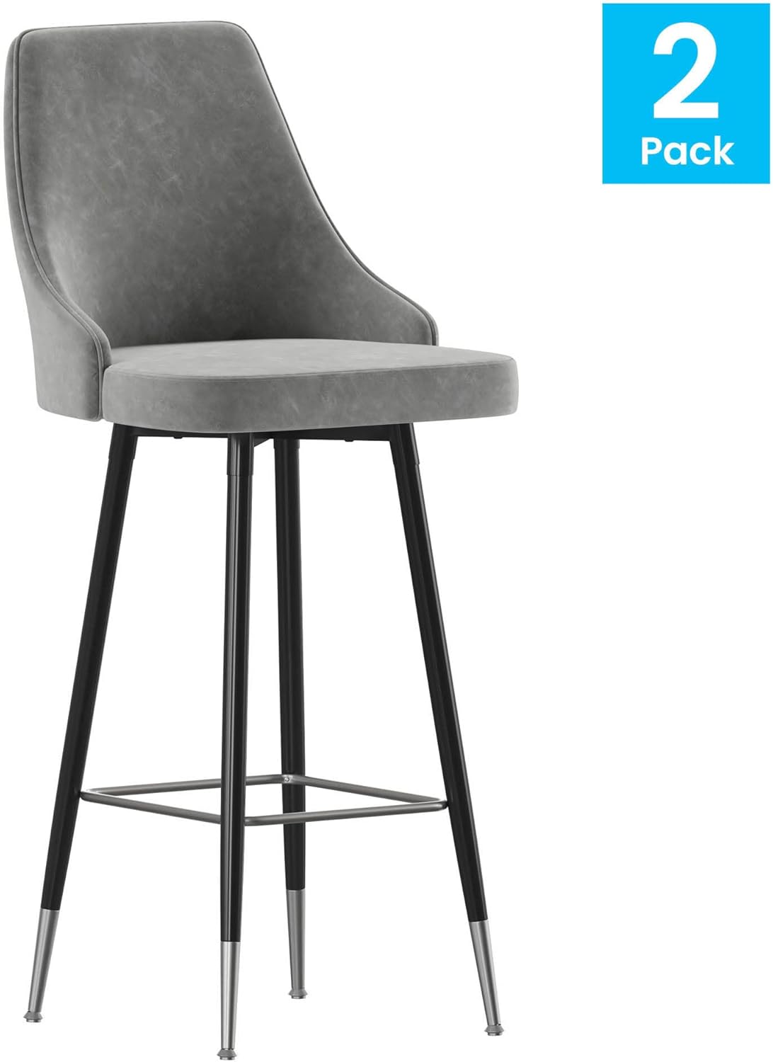 Flash Furniture Shelly – Juego de 2 taburetes de bar comerciales de altura de bar, tapicería LeatherSoft gris, marcos de metal negro, 30 pulgadas de
