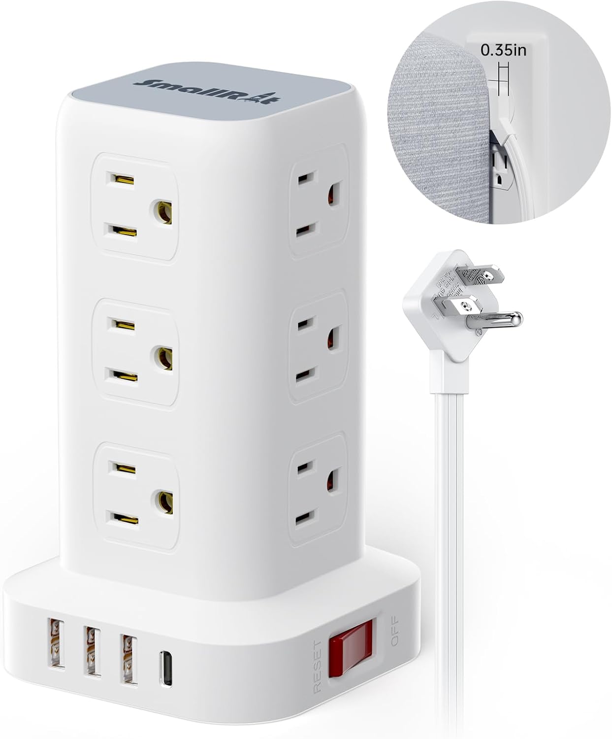 Regleta protectora contra sobretensiones, cable de extensión de enchufe plano ultrafino de 10 pies con 12 tomas de corriente alterna, 4 USB (1 USB
