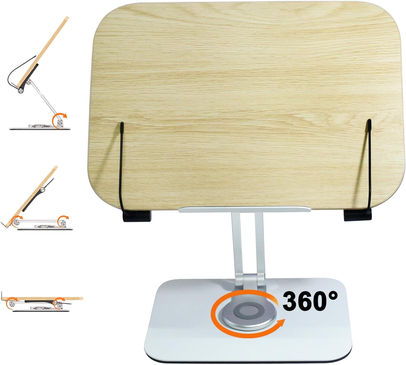 DCHAV Soporte de escritorio plegable para libros de cocina, soporte ajustable para partituras con base giratoria de 360 grados, clip de página de