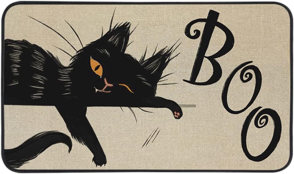 Tapete decorativo de bienvenida de gato negro de Halloween, 17 x 29 pulgadas, antideslizante y lavable, tapete de goma trasera de goma para