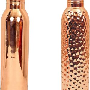 Arts Of India Botella de agua de cobre puro, juego de bebida, capacidad 33.8 fl oz, juego de 2 (martillado y liso) Arts Of India Botella de agua de cobre puro, juego de bebida, capacidad 33.8 fl oz, juego de 2 (martillado y liso)