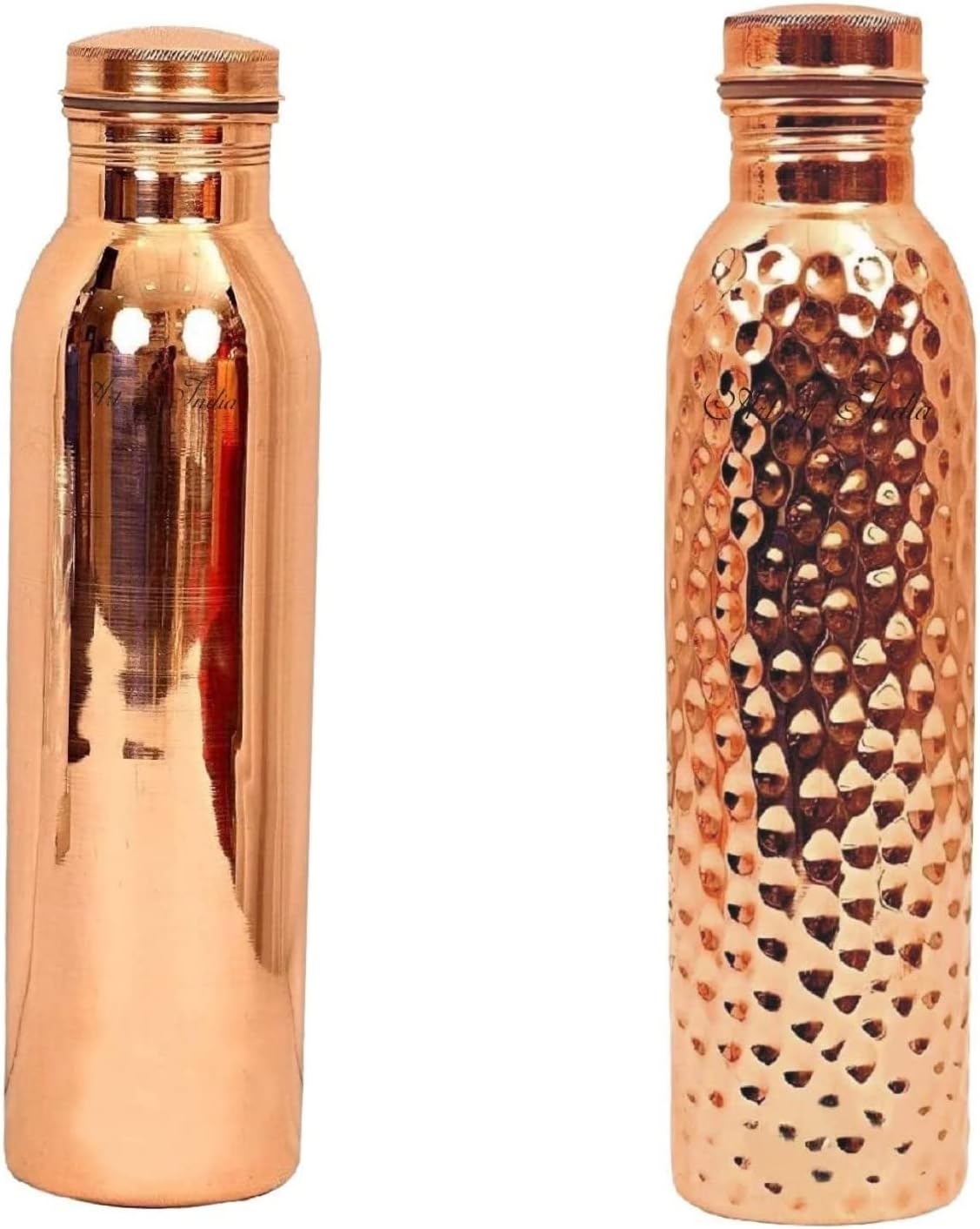 Arts Of India Botella de agua de cobre puro, juego de bebida, capacidad 33.8 fl oz, juego de 2 (martillado y liso)