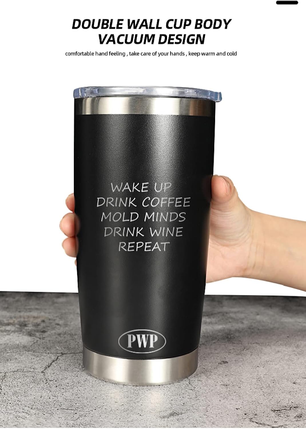 P W P Vaso de 20 onzas para café y bebida, café con diseño de mentes y repetición de vino, vaso de acero inoxidable, taza de café de viaje, vaso