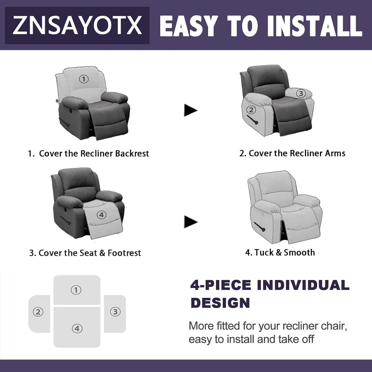 ZNSAYOTX Fundas elásticas de terciopelo reclinable, 4 piezas, funda para silla reclinable de felpa suave más gruesa con bolsillos laterales,