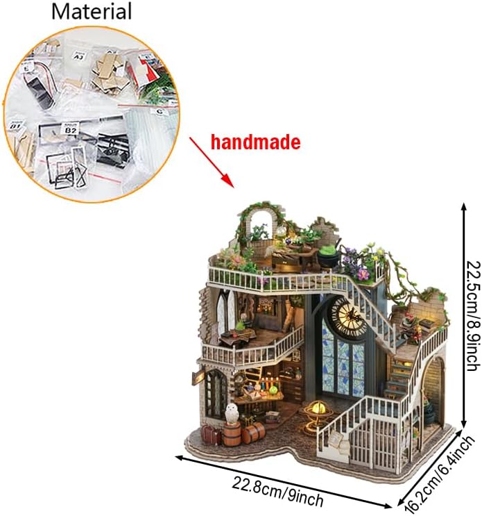 Kit de casa de muñecas en miniatura con cubierta antipolvo, kits de casa de muñecas de madera mágicas retro, manualidades para adultos, kit de