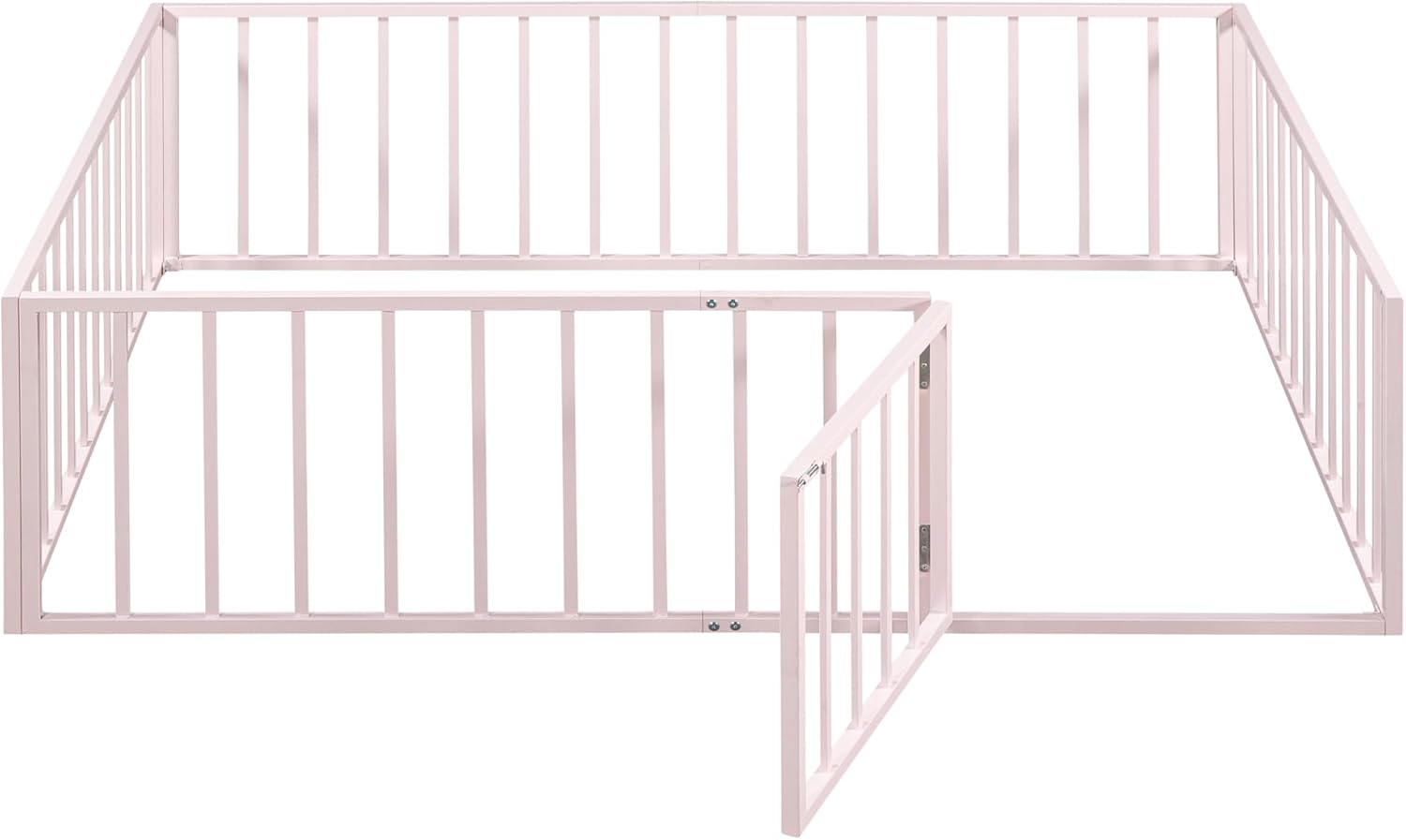 Cama de suelo de tamaño matrimonial para niños, camas Montessori con rieles y puerta, marco de cama de metal con valla para niños y niñas, rosa