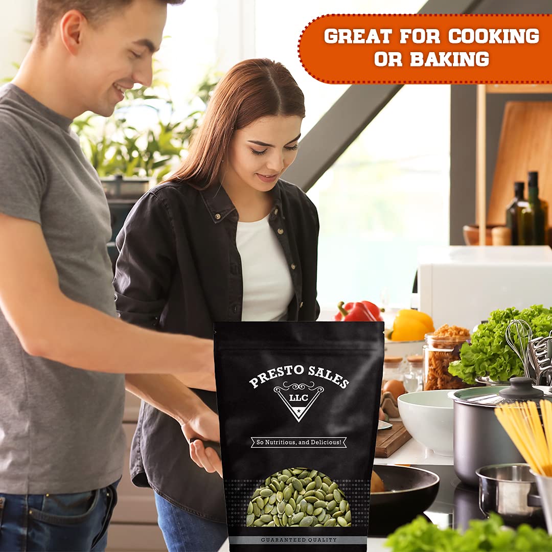 Presto Sales LLC – Semillas de calabaza, pepitas verdes sin cáscara cruda, aperitivo natural, comer o cocinar, nutritivas, empaquetadas en una bolsa