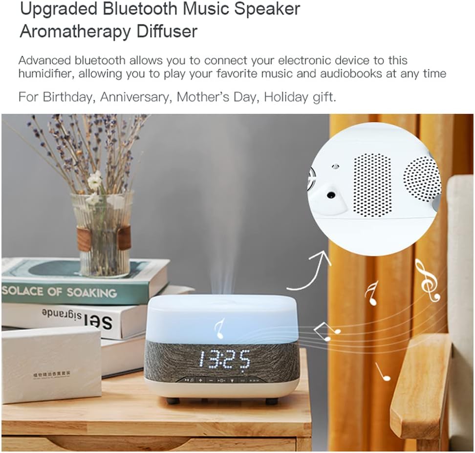 Difusor de aceite esencial y humidificador con reloj de altavoz, luces nocturnas de humor de 7 colores, aromaterapia eléctrica de niebla fría para