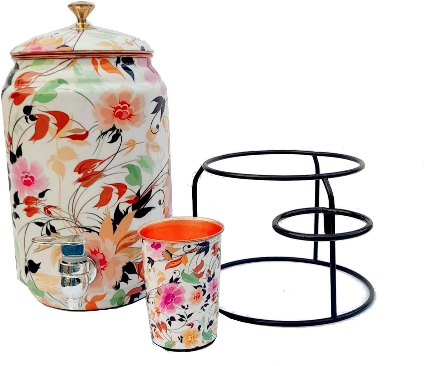 ORNATE INTERNATIONAL – Enfriador de agua de cobre, dispensador, mate, almacenamiento de agua, 5 litros, con 1.0fl oz, 2 vidrios y 2 mismos diseños