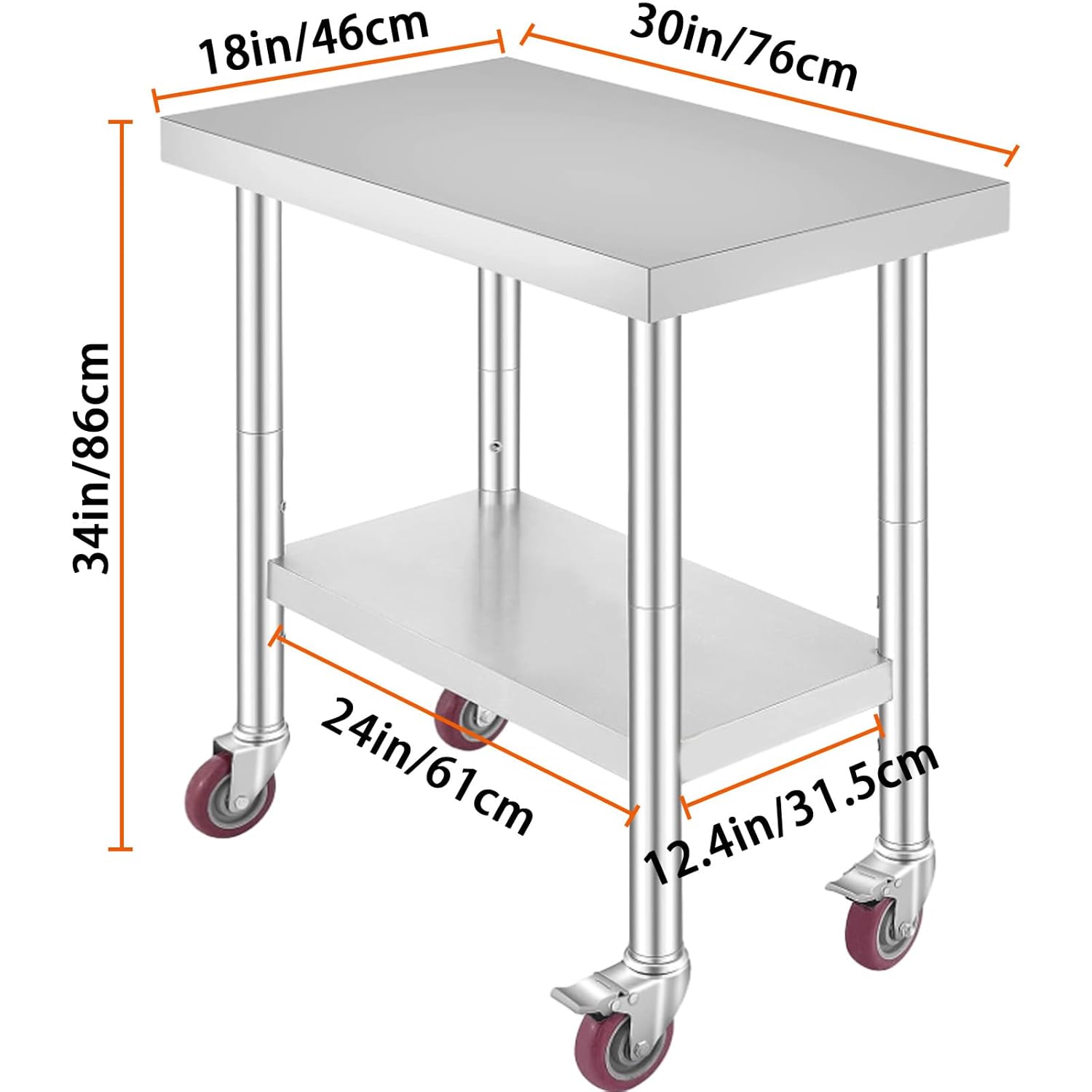TECSPACE Mesa de trabajo de acero inoxidable con ruedas de 30 x 18 pulgadas, mesa de trabajo comercial resistente con estante inferior y ruedas,