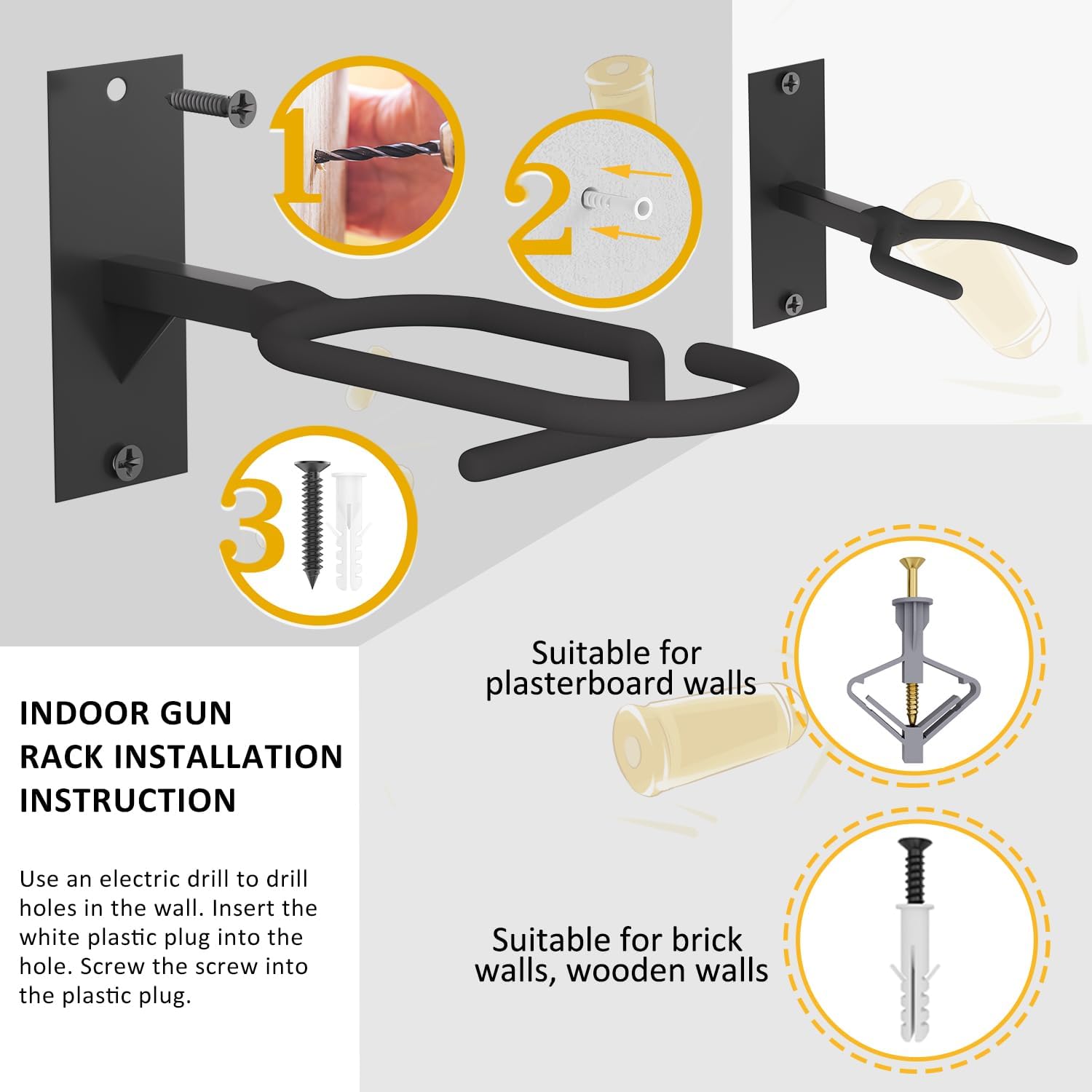 Bastidor de pistola ajustable, montaje en pared, estante de acero resistente para pistolas, para interiores, soporta hasta 150 libras, soporte de