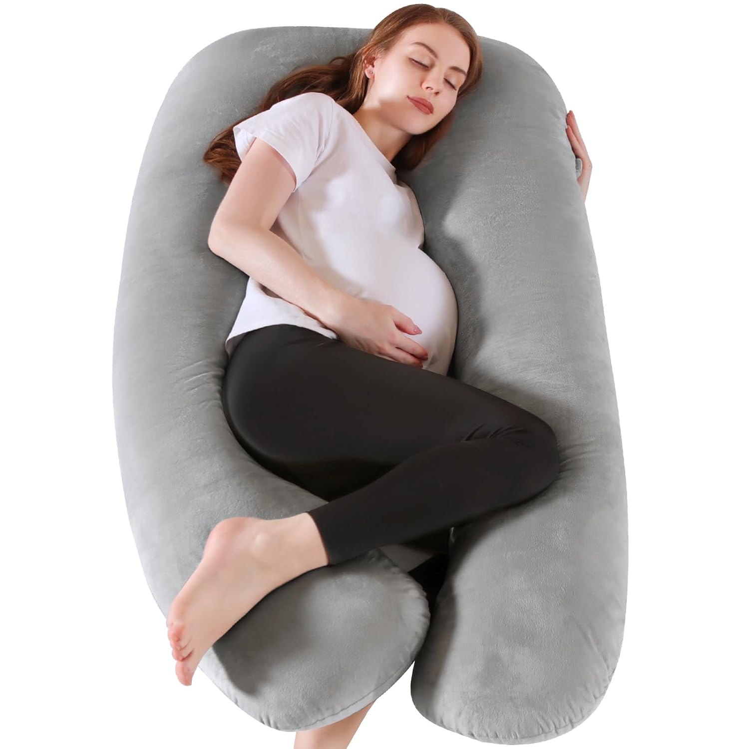 Almohadas de embarazo, almohada de cuerpo completo en forma de U con funda de terciopelo lavable, almohadas de embarazo de maternidad de 55 pulgadas