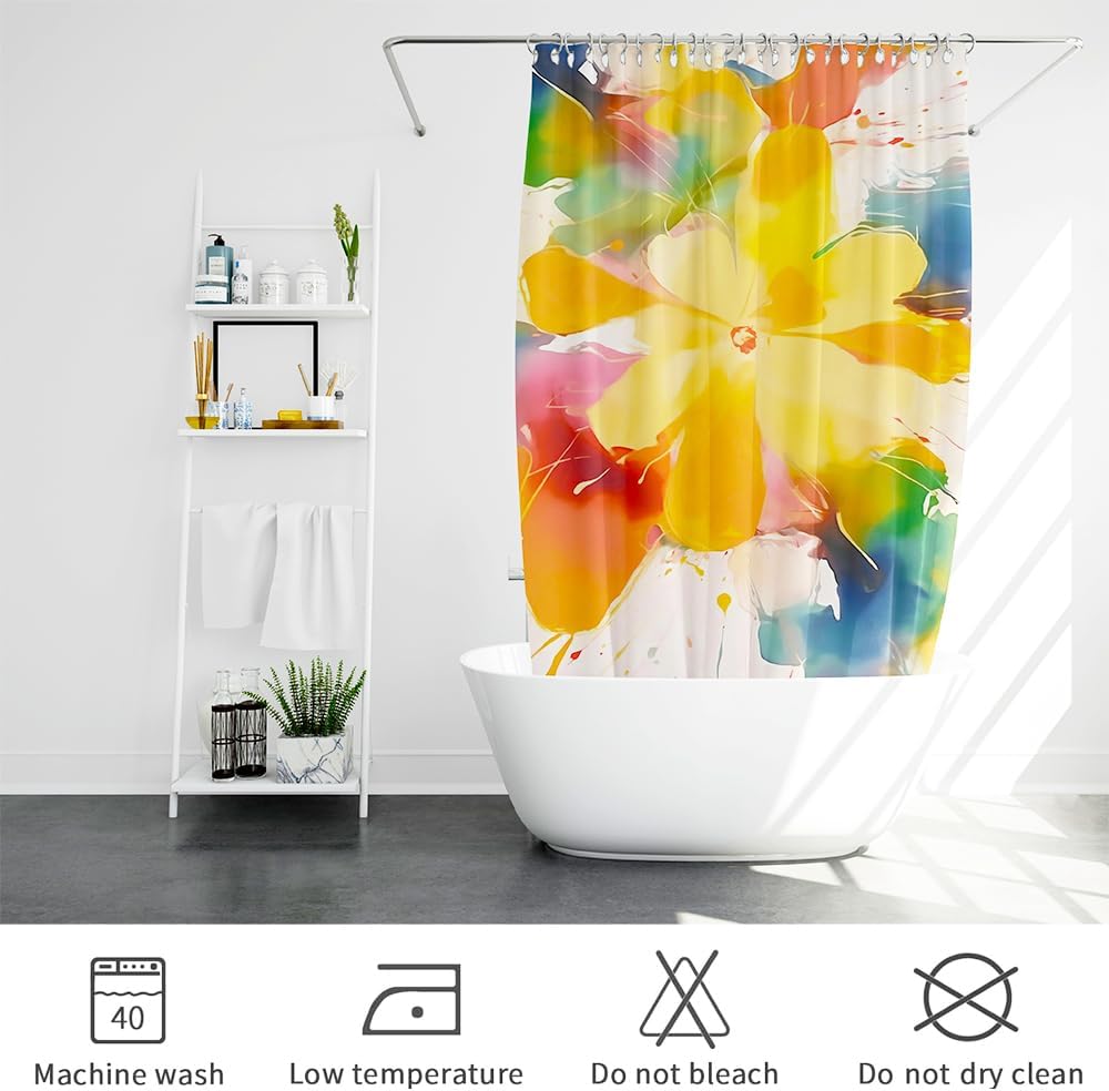 Juego de cortinas de ducha gruesas de granja, acuarela con flores bohemias para decoración de baño, tela impermeable con ganchos (margarita de