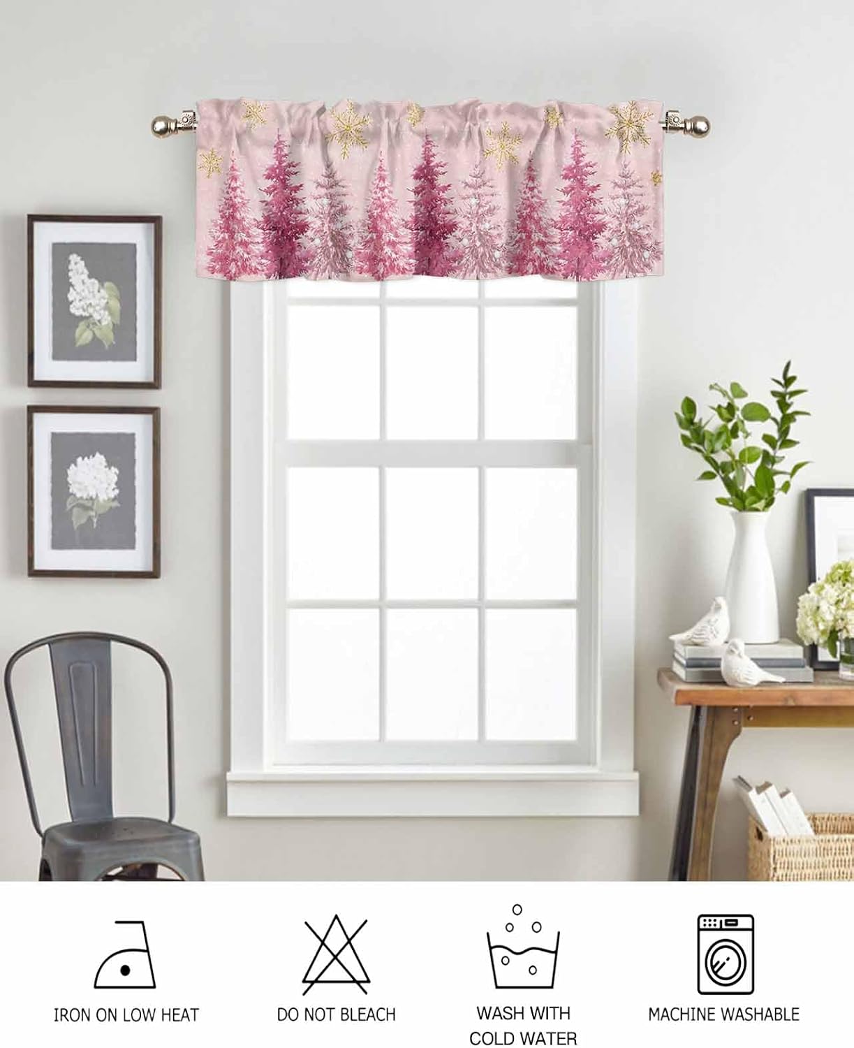 Cortinas de árbol de Navidad rosas para ventanas de sala de estar, cortinas de copo de nieve de invierno y cenefas para dormitorio, cortinas de