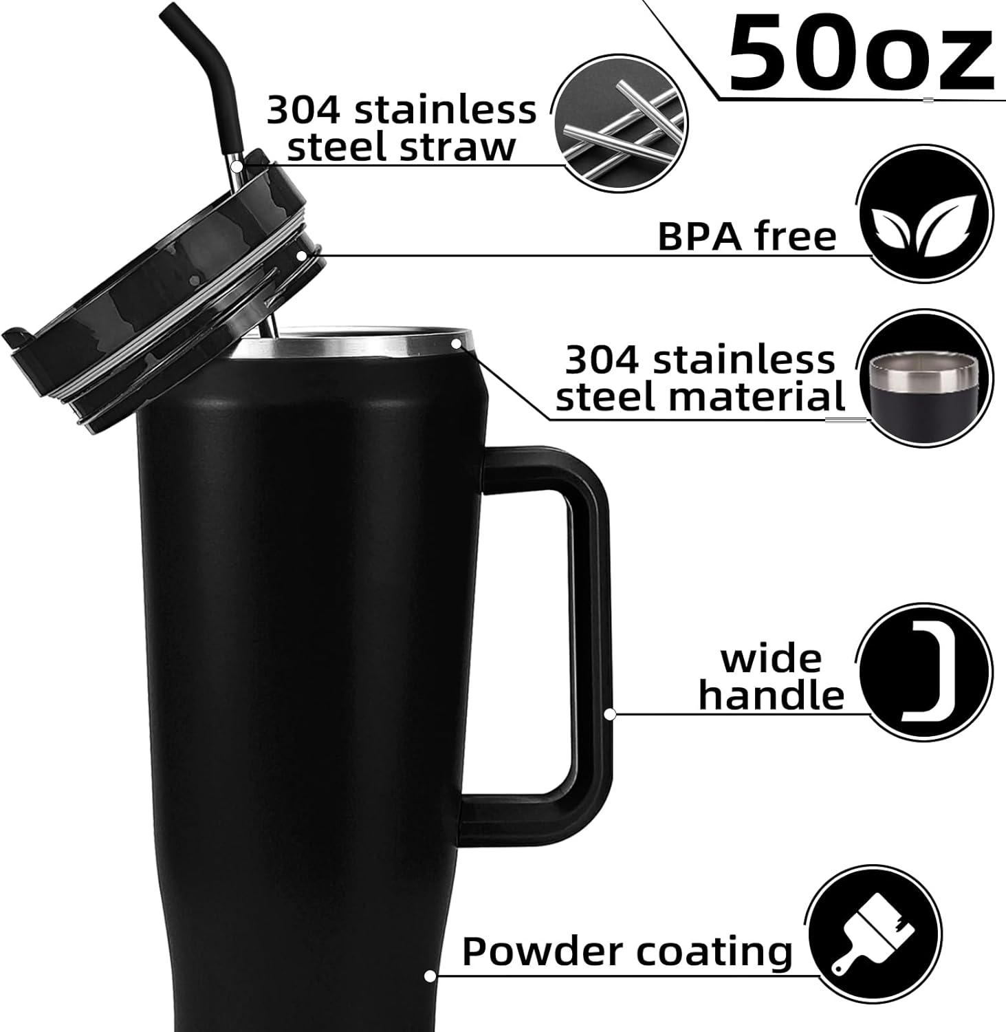 Vaso con asa y pajita, acero inoxidable de 50 onzas, doble pared aislada al vacío, taza de viaje con tapa de dos tornillos y posavasos de silicona,