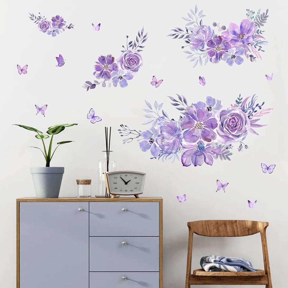 Pegatinas de pared de mariposa de flores moradas, calcomanías de pared florales para dormitorio, sala de estar, cocina, TV, decoración de pared