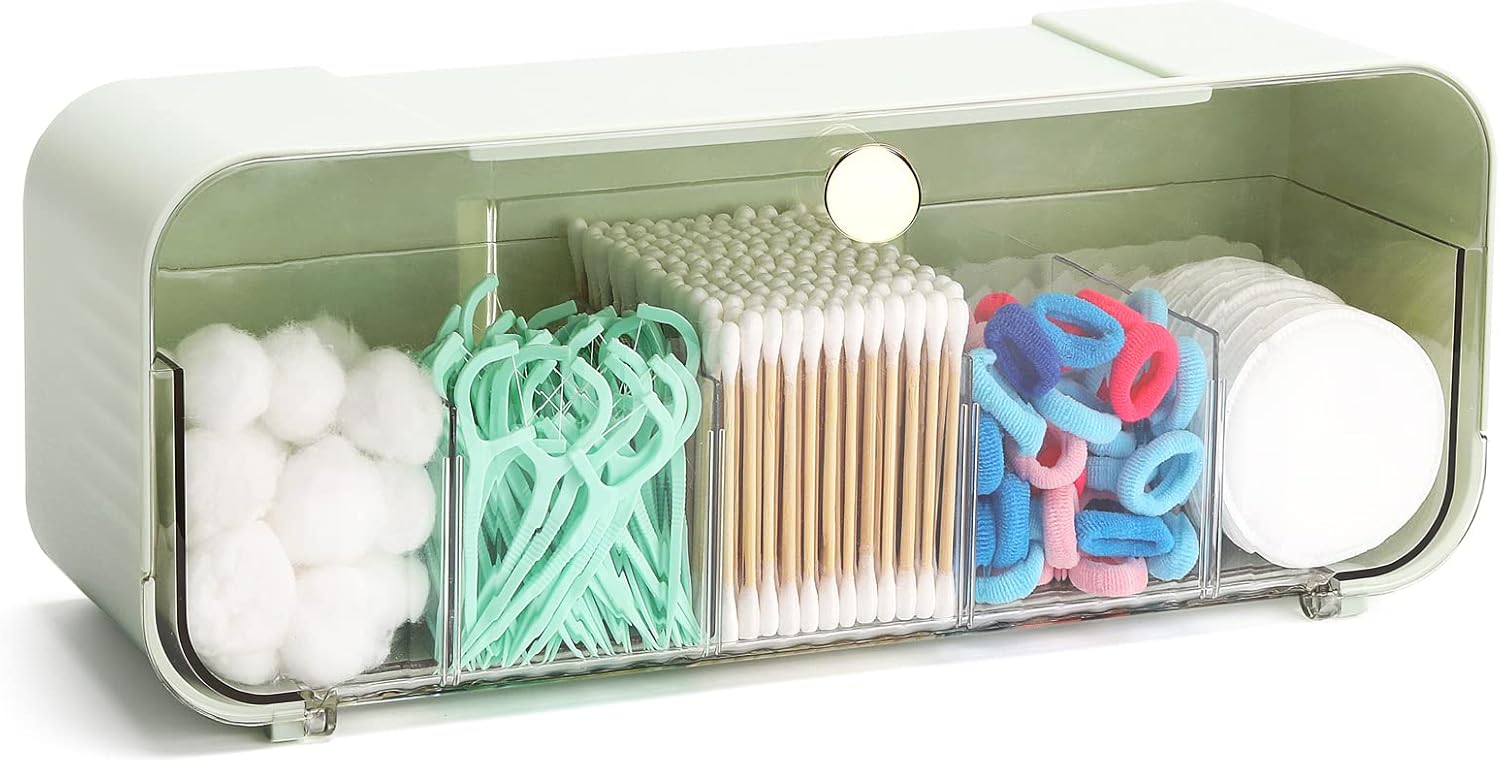 Tecbeauty Dispensador de soporte Qtip de 5 rejillas, organizador de bolas de algodón montado en la pared, caja de almacenamiento con 4 divisores
