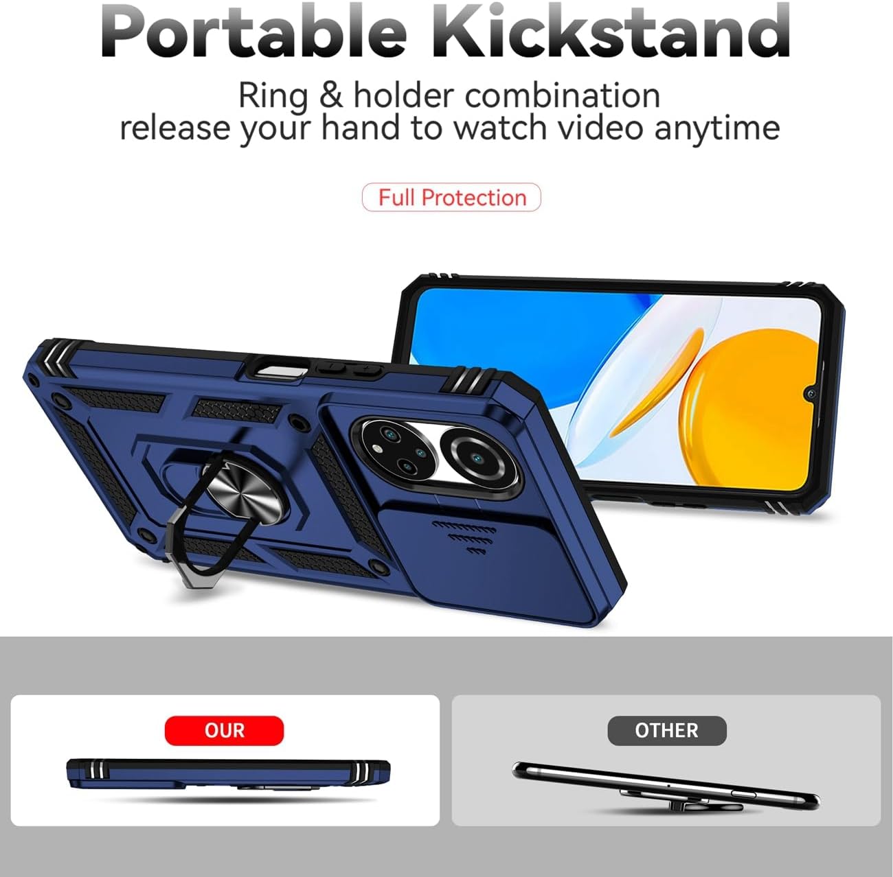 Funda para Honor X7, CMA-LX2 CMA-LX1 con protector de pantalla de vidrio templado y cubierta de cámara deslizante, soporte de anillo giratorio de