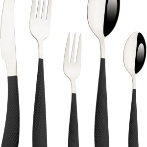 JASHII Juego de cubiertos martillados modernos de acero inoxidable con mango plateado y negro, juego de cubiertos de cubiertos de lujo para 4 JASHII Juego de cubiertos martillados modernos de acero inoxidable con mango plateado y negro, juego de cubiertos de cubiertos de lujo para 4