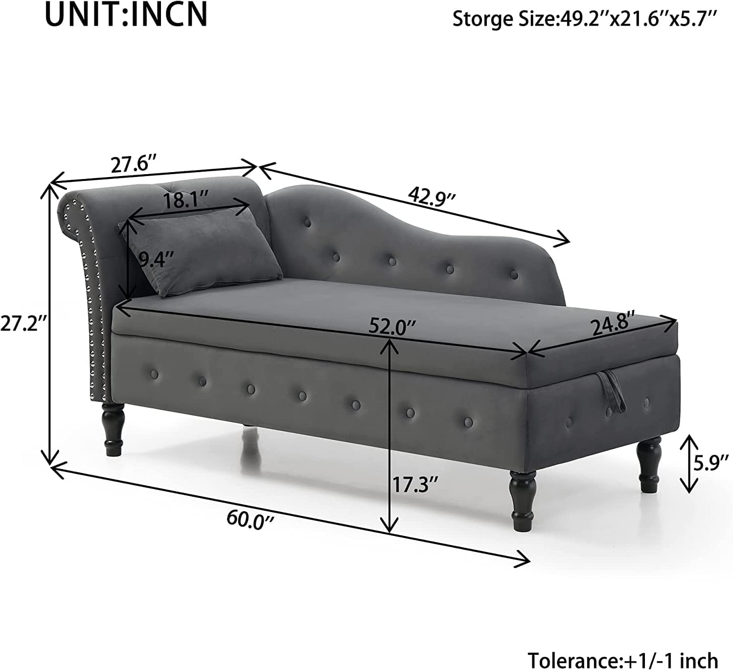 Anwick Chaise Lounge – Silla reclinable tapizada para interiores, moderna y tapizada para sala de estar, dormitorio, sofá cama (gris) (gris +