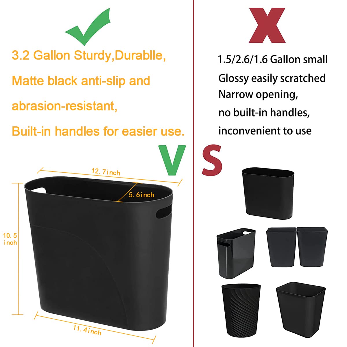Cesta de basura delgada de 3.2 galones, color negro, paquete de 2, cubo de basura pequeño de plástico con asas, capacidad de 12 litros