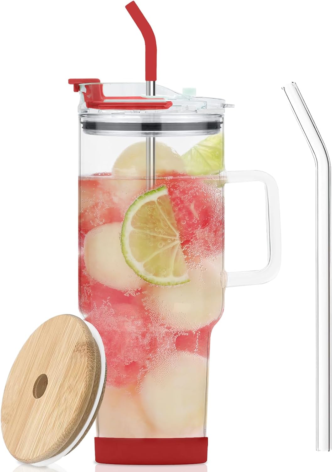 Vaso de vidrio con tapa y popotes, taza de vidrio de 40 onzas con asa, vasos para beber con posavasos de silicona, taza de agua de vidrio, taza de