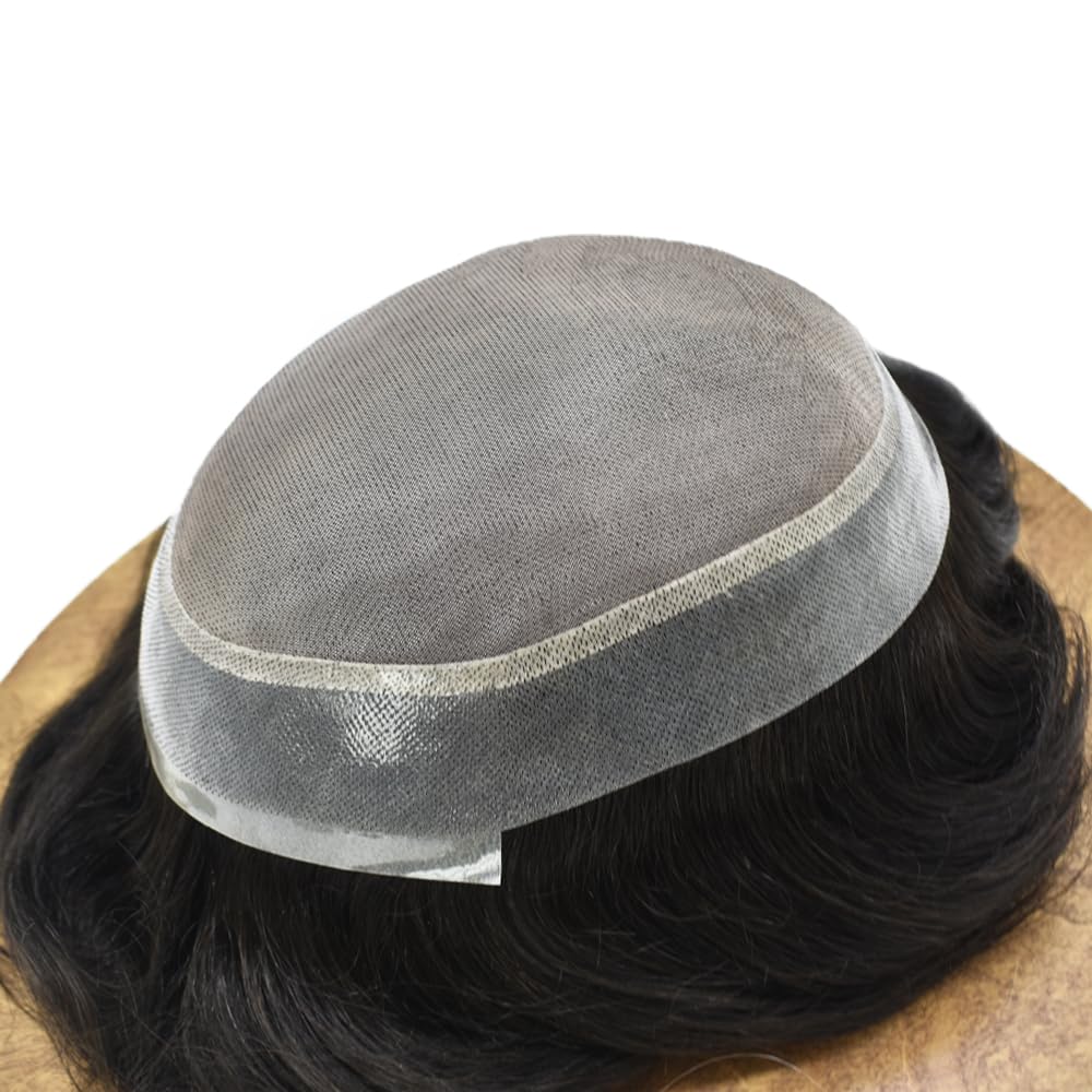 Toupee – Pieza de pelo para hombre, con revestimiento de poliéster fino, pelo humano real, tupé, 100% atado a mano, sistema de reemplazo de cabello