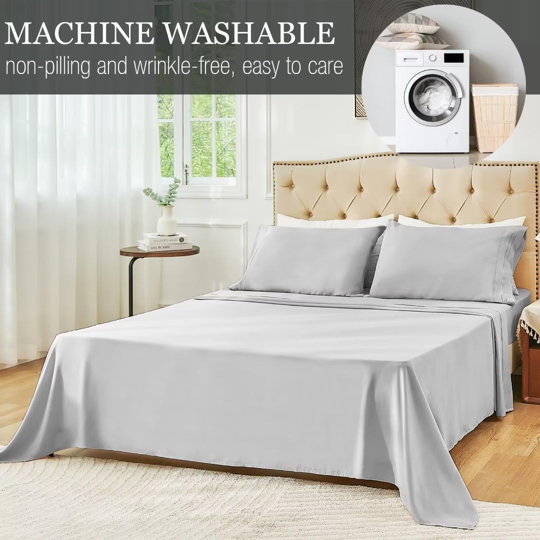 Juego de sábanas de tamaño matrimonial, color gris claro, sábanas bajeras y fundas de almohada, 4 piezas de microfibra de enfriamiento suave para