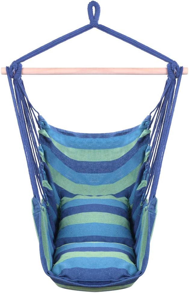Silla de hamaca colgante de cuerda para columpio, suave y duradera, lona de algodón, 2 cojines incluidos, silla colgante para patio, dormitorio,