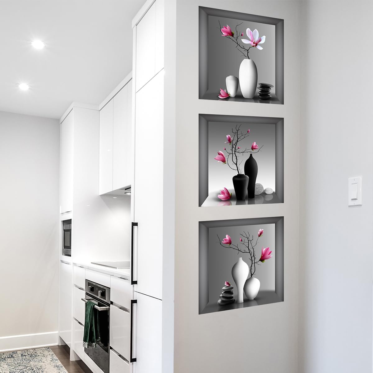 Calcomanías de pared para jarrones 3D, color blanco y negro, piedras estéreas, orquídeas, flores, impermeables, removibles, plantas de flores rosas,