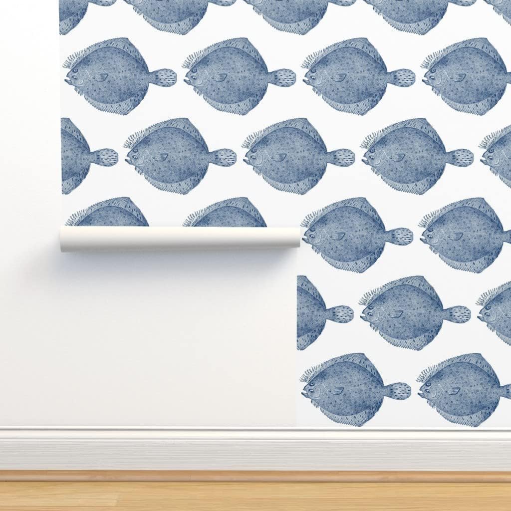 Spoonflower Papel tapiz extraíble de 12 x 2 pies – Ilustración vintage pez platija – Papel tapiz blanco y azul personalizado prepegado