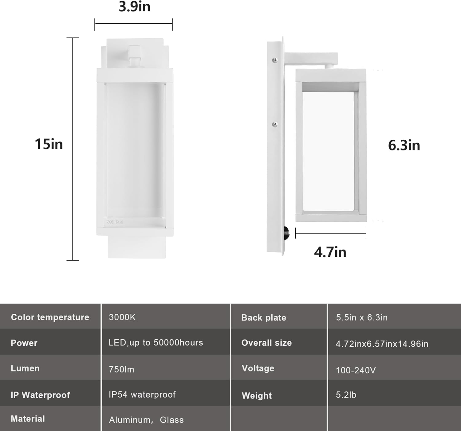 Luces de pared con sensor de movimiento para exteriores, lámpara LED moderna de 15 pulgadas, lámpara de porche blanca IP54 impermeable con vidrio