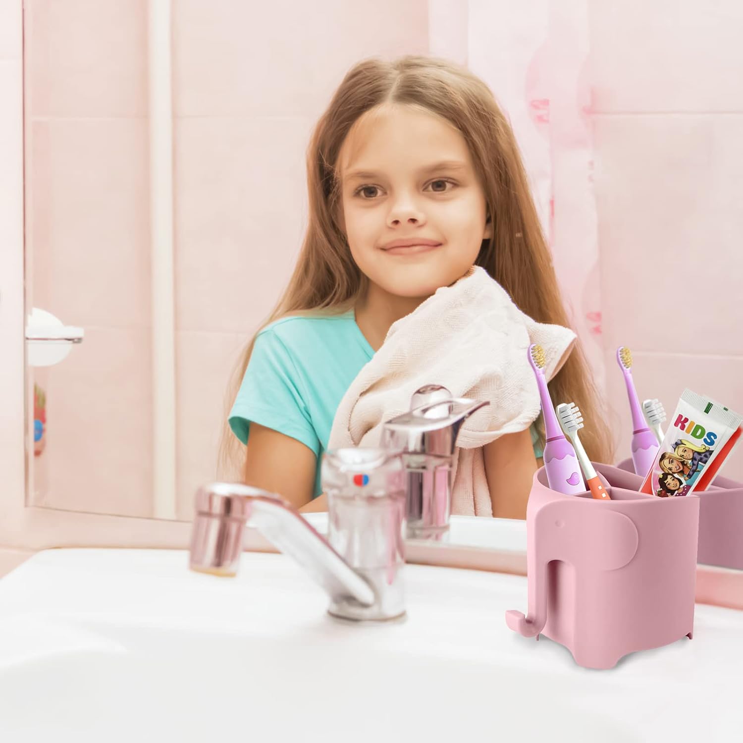 RyanLemon Soporte para cepillo de dientes de elefante para niños, con ventosa eléctrica para cepillo de dientes y pasta de dientes para niños