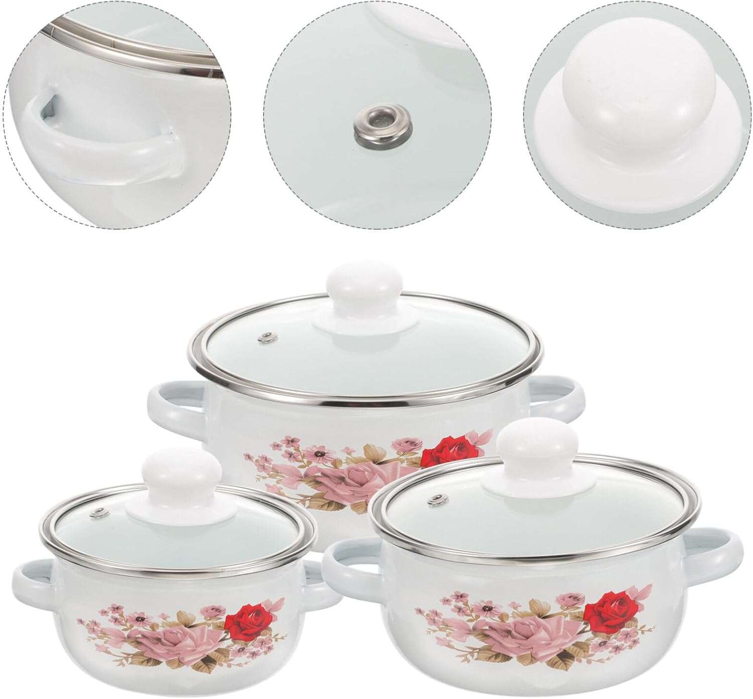 BESTonZON Olla de cocina esmaltada de 3 piezas, olla pequeña con tapa de vidrio, utensilios de cocina vintage con doble mango floral Ramen Bowl para