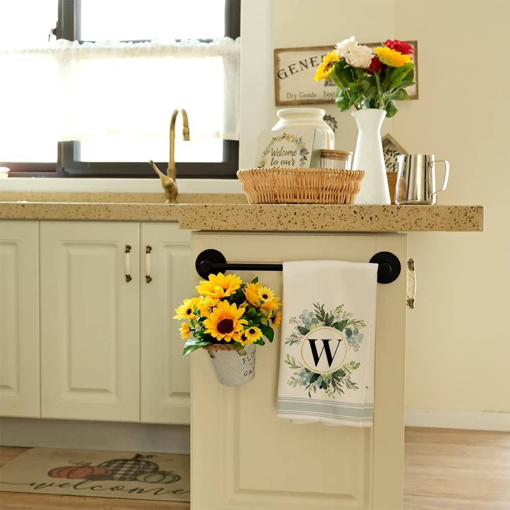 Toallas de cocina con monograma con letra W para decoración del hogar, hojas de eucalipto, familia, apellido, inicial, 18 x 26 pulgadas, ultra
