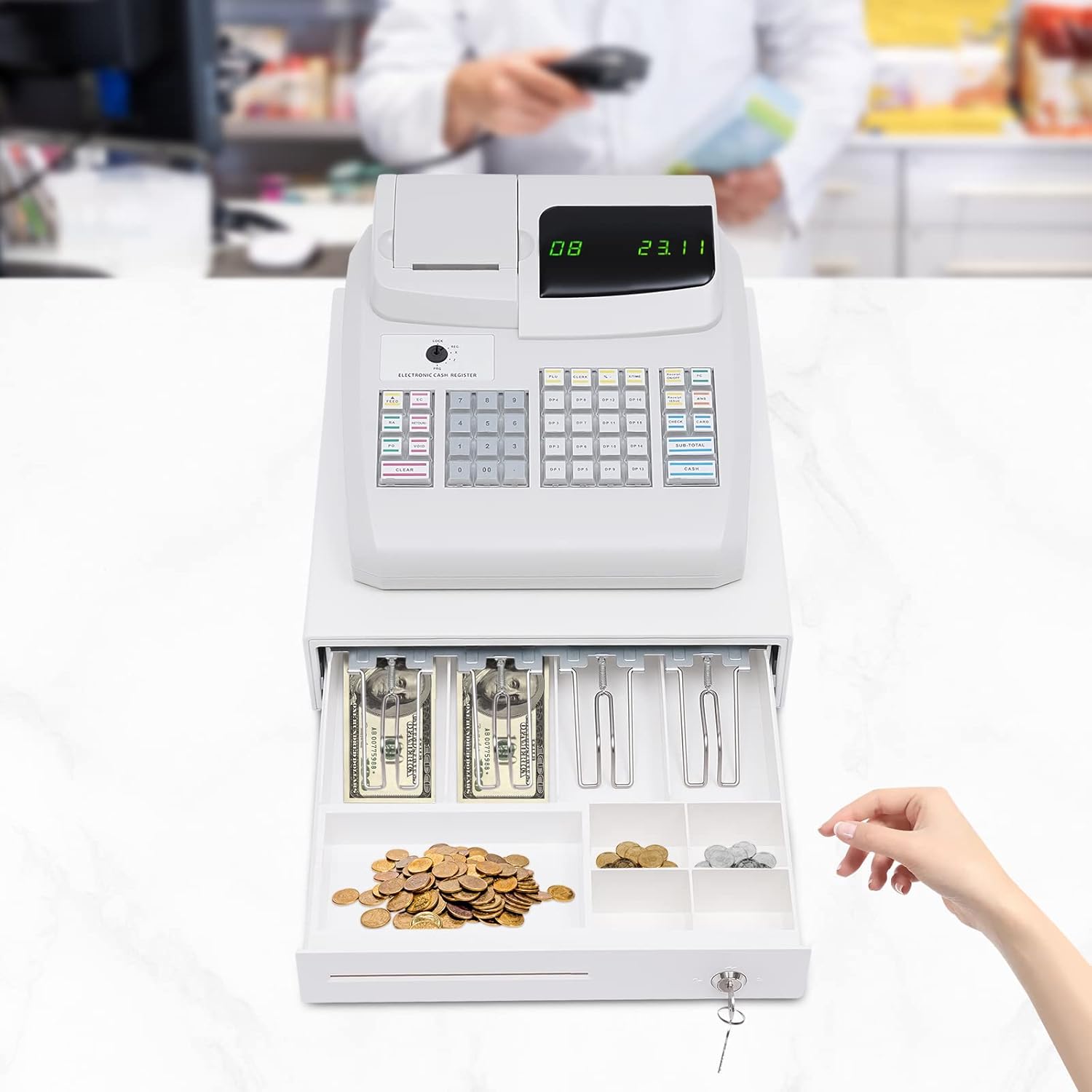 Caja registradora electrónica con 47 llaves, sistema POS, caja registradora, pequeño cajón cuadrado de dinero multifunción para pequeñas
