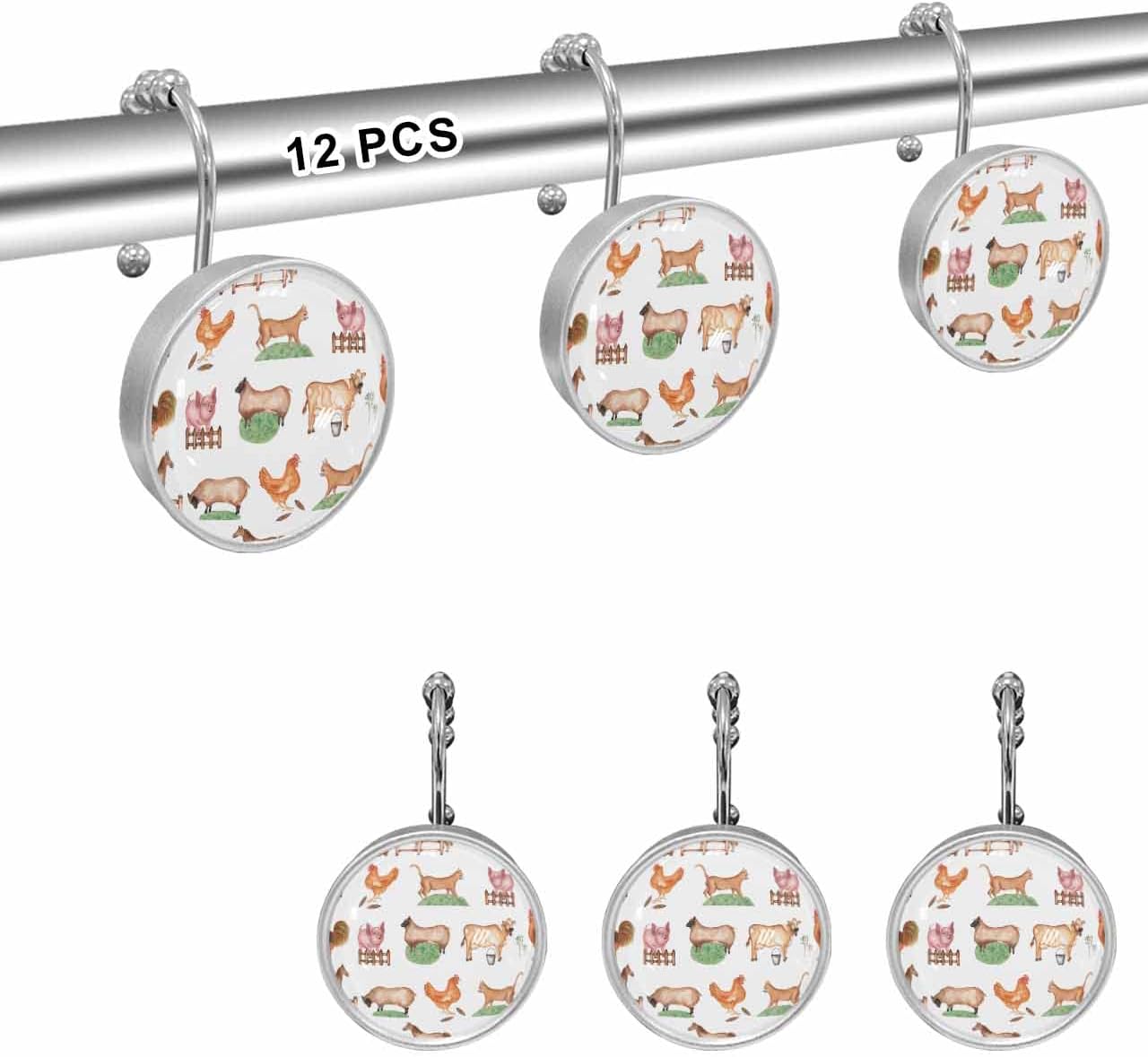 Shower Curtain Hooks Set of 12 Farm Animal Pig Cock Sheep Country Style Crystal Glass Shower Curtain Rings for Bathroom Decorative Stainless Steel